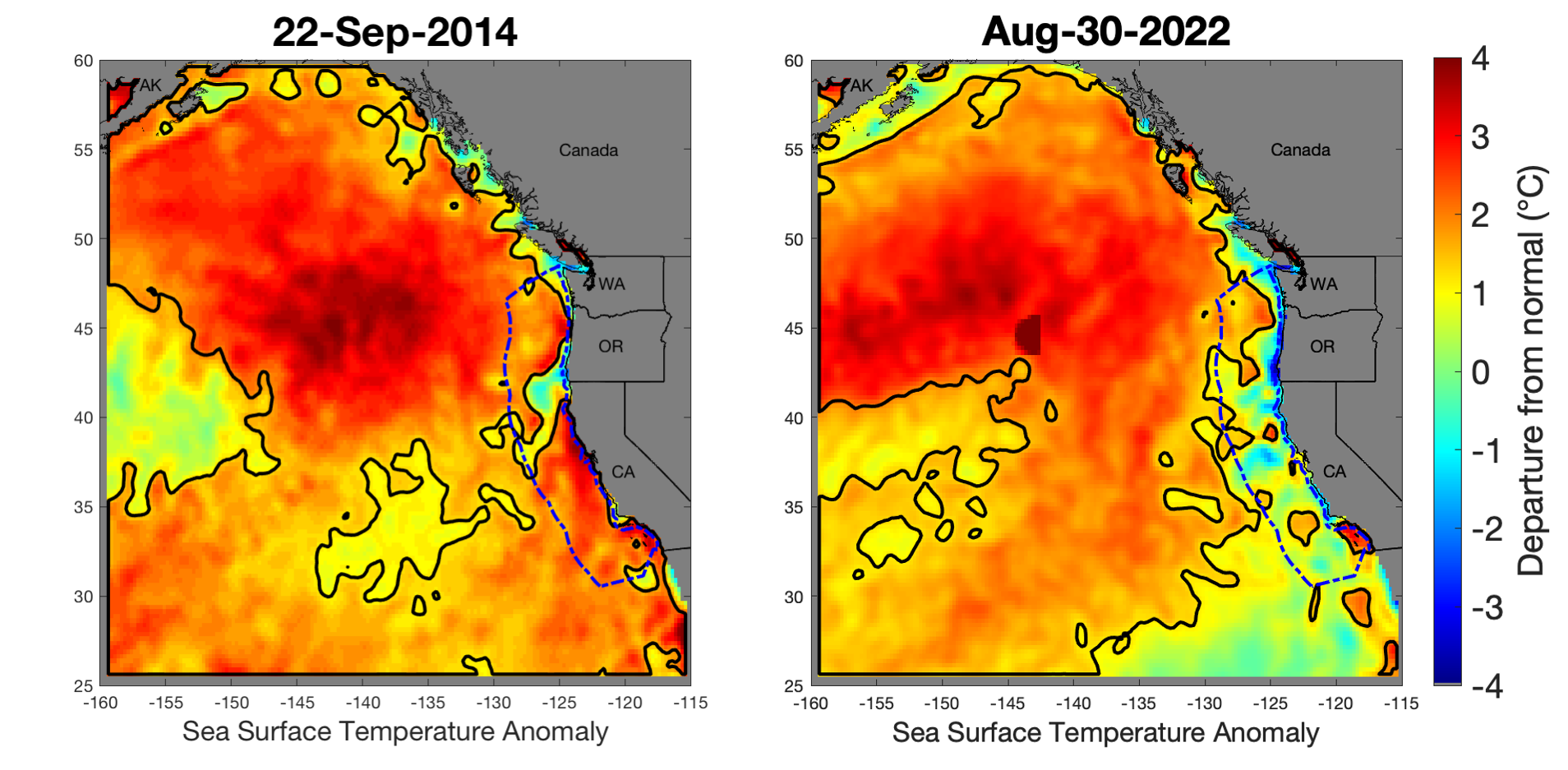 Near maximum MHW area in 2014 (left) and 2022 (right)