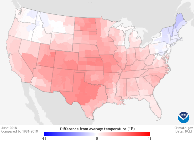 Map of air temperature anomalies across the US during June 2018.