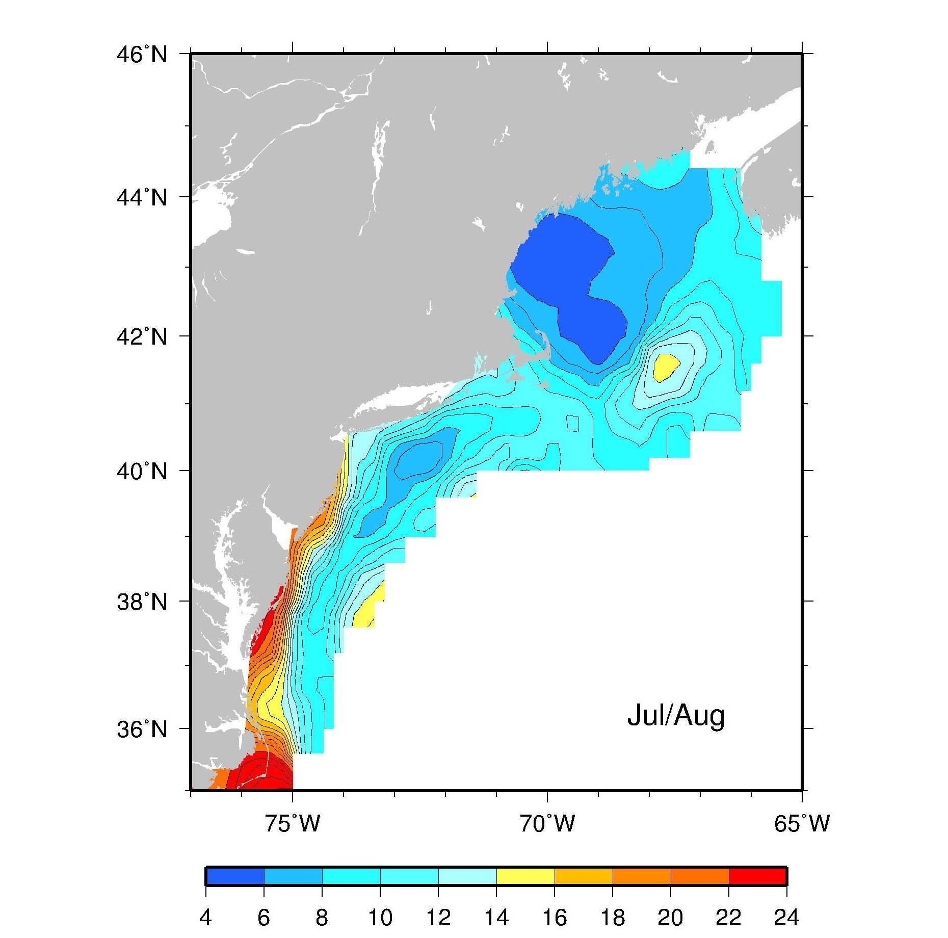 Average bottom temperature distribution on the Northeast US Shelf for July-August.