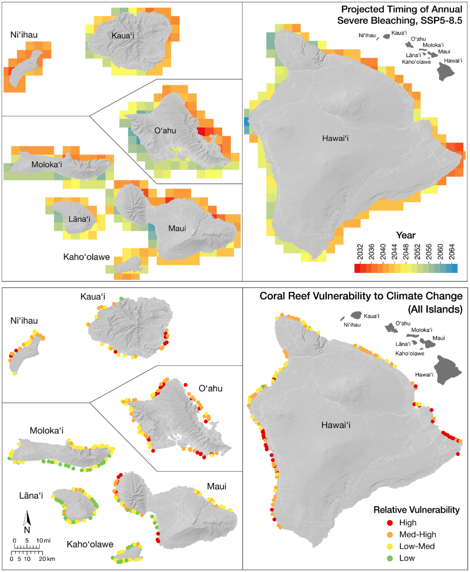 Climate change model depicting projected timing of annual severe bleaching and coral reef vulnerability.