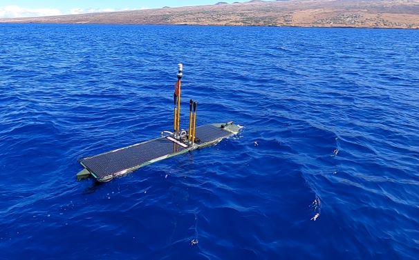 Propelled by ocean waves, the autonomous surface vehicle called the Wave Glider travels along the ocean surface near Hawai‘i Island. 